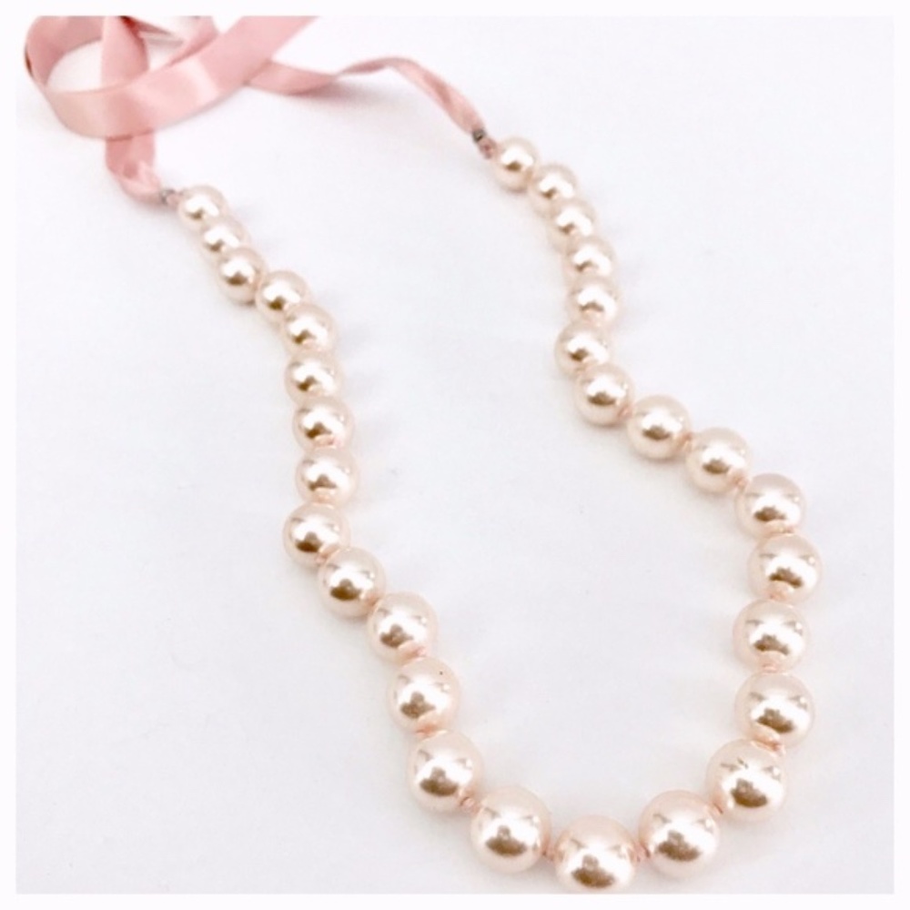Pale Pink Faux Pearl Rose Satin Ribbon Necklace